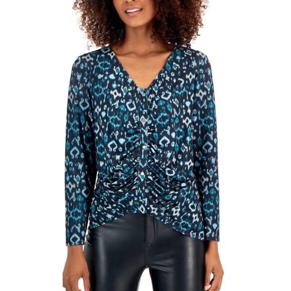 INC International Concepts Tops - INC Women's NWT Petite Blue Geometric Print Ruched V Neck Long Sleeve Top L